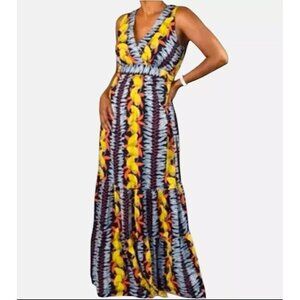 Cabi sz L $415 Lemon Fruit Tropical Leaf Maxi Dress $169 Cotton Tiered Tie Waist